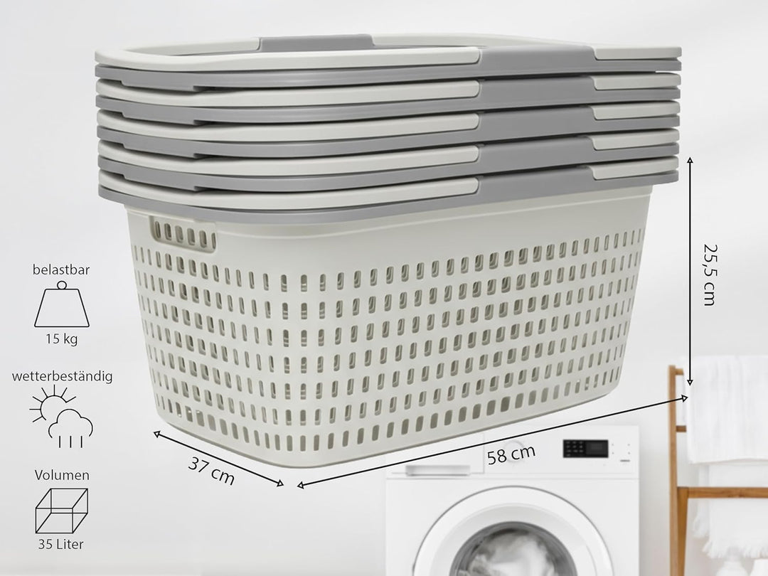 Hausfelder Wäschekorb 6er Set weiss 35L, 58x37x25cm | stapelbar, Wäschekörbe Set gross 58x37x25cm, s