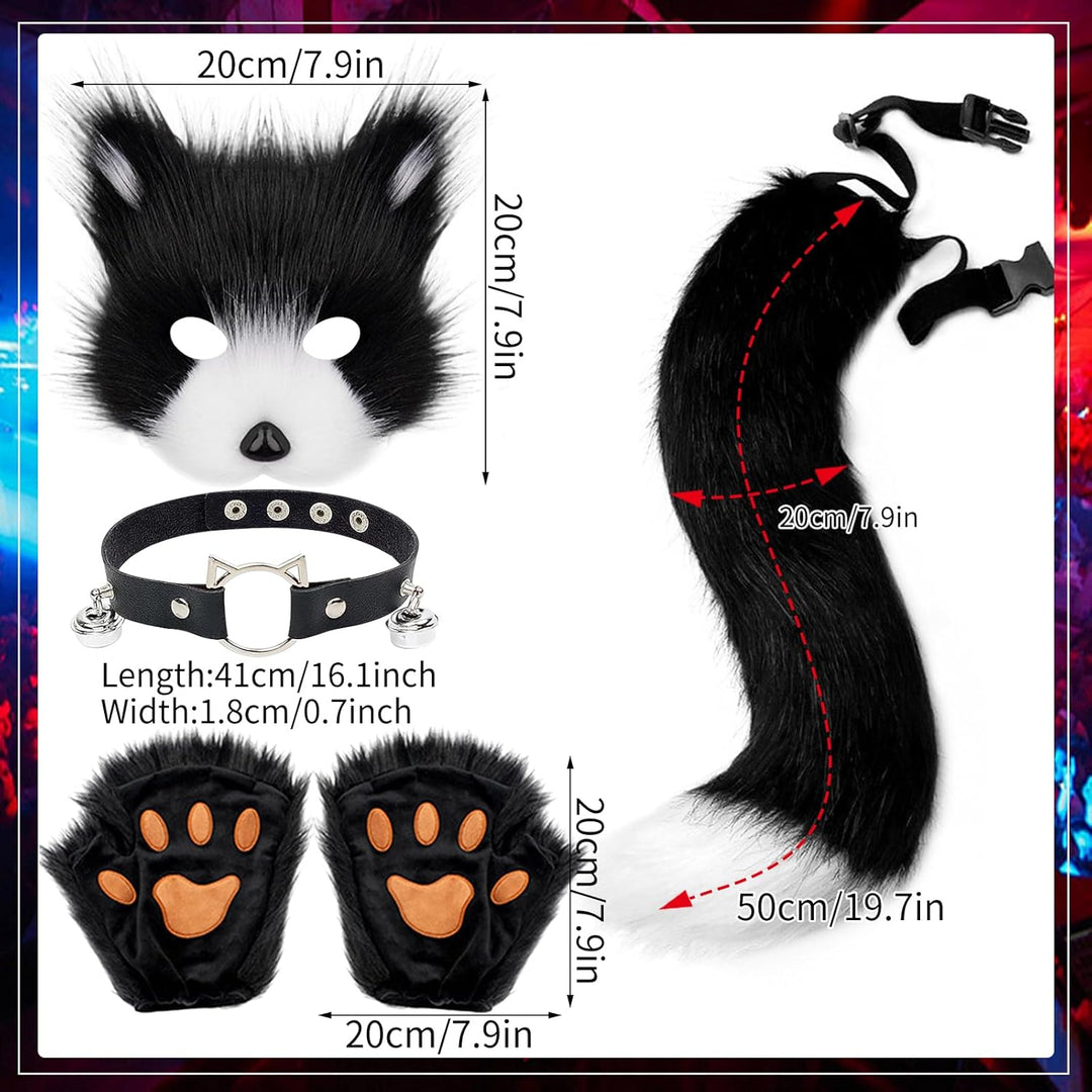 YumSur Kunstpelz Fuchsschwanz Katze Wolf Cosplay Kostüm Set Plüsch Maske Flauschige Pfotenhandschuhe