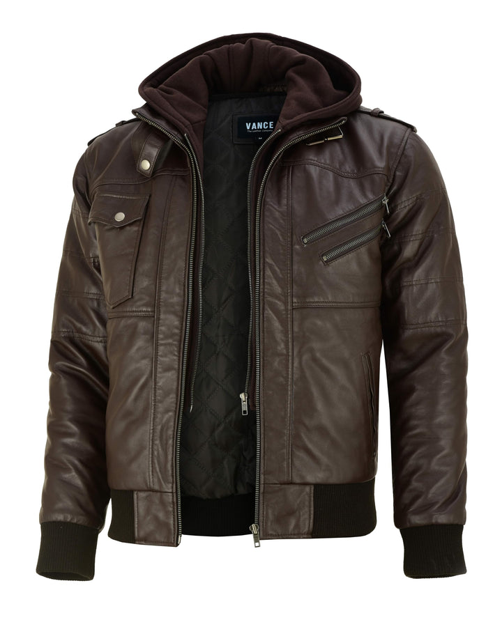 Vance Herren Echt Lederjacke aus 100% Lammleder Abnehmbarer Hoodie S Dunkelbraun, S Dunkelbraun