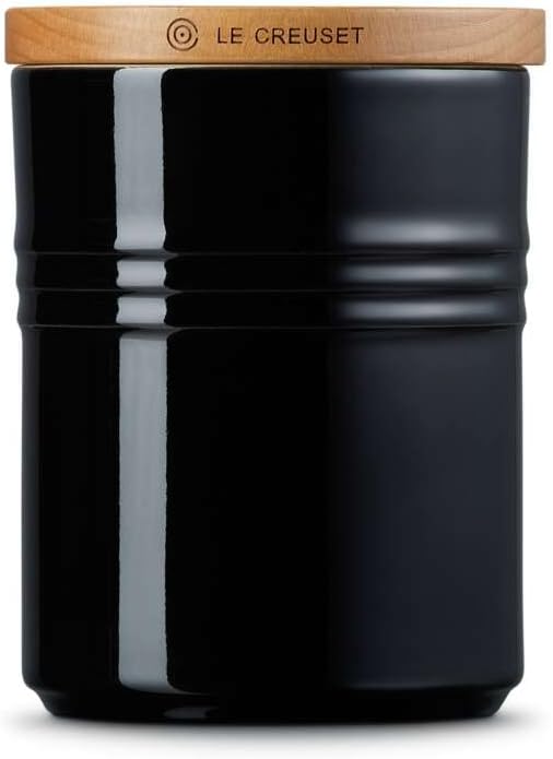 Le Creuset Steinzeug Mittelgrosse Vorratsdose mit Holz-Deckel, Steinzeug, 540 ml, 10 cm, Schwarz glä