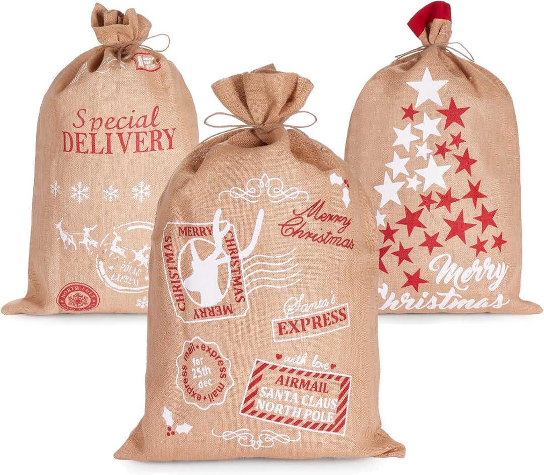 BRUBAKER 3er Set Weihnachtssack - 80 cm Geschenksack mit weihnachtlichen Motiven - Nikolausbeutel zu