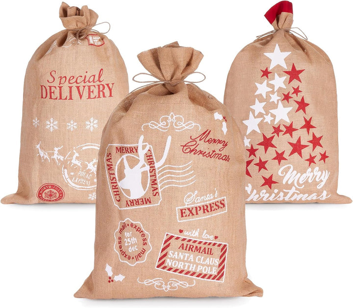 BRUBAKER 3er Set Weihnachtssack - 80 cm Geschenksack mit weihnachtlichen Motiven - Nikolausbeutel zu