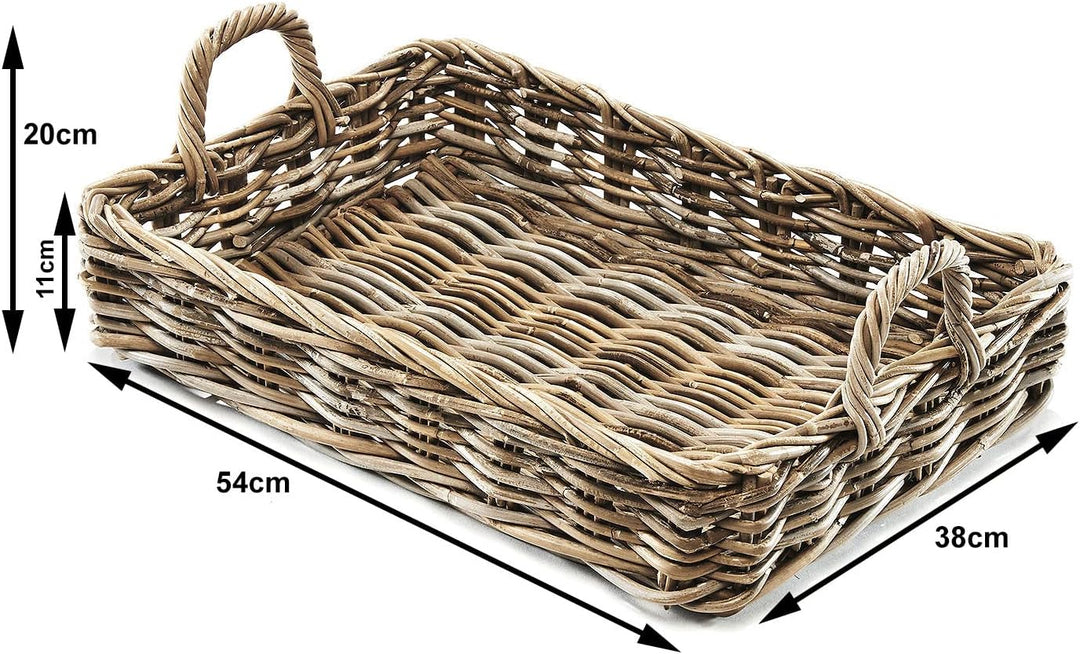 Kobolo Tablett Dekotablett Serviertablett aus Rattan -kubu grau- 50x37x20 cm