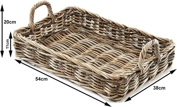 Kobolo Tablett Dekotablett Serviertablett aus Rattan -kubu grau- 50x37x20 cm