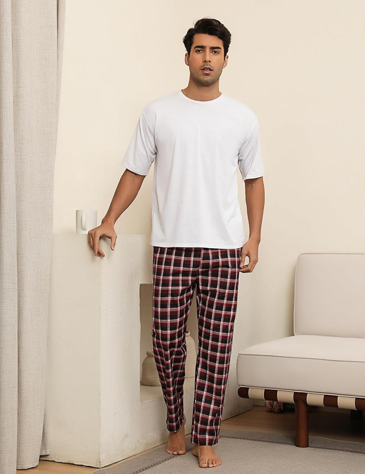 Litherday Schlafanzughose Herren Lang Kariert Pyjamahose 100% Baumwolle Nachtwäsche hose mit Taschen