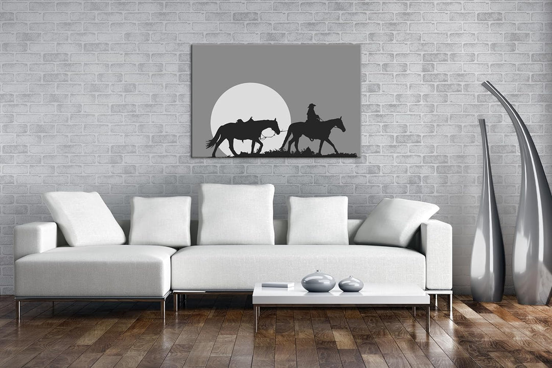 deyoli Cowboy im Sonnenuntergang Format: 60x40 Effekt: Monocrome Blau als Leinwand, Motiv fertig ger