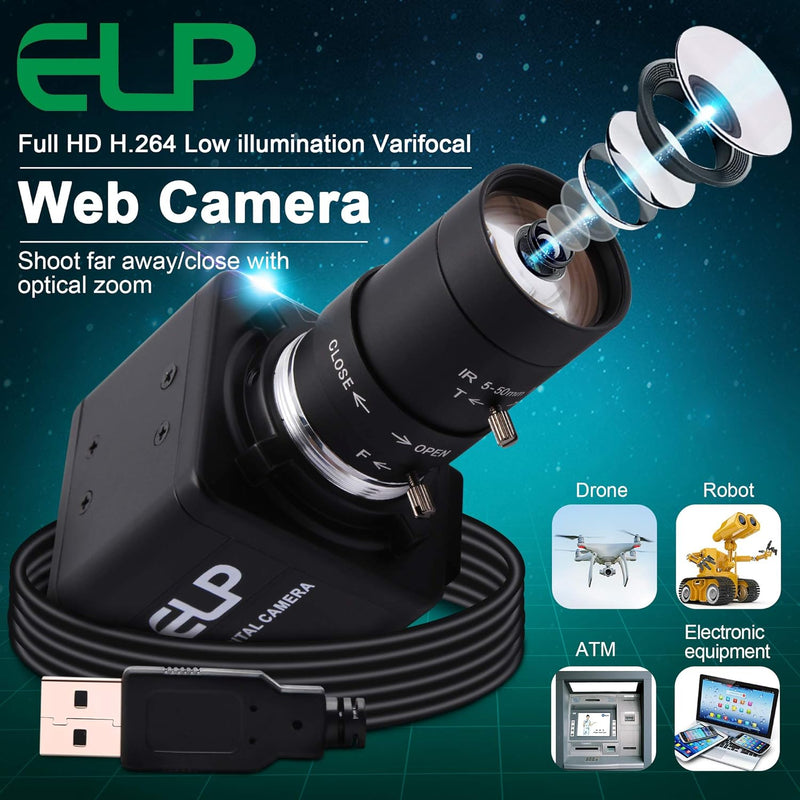 ELP FHD 1080P Zoom Webcam mit 5-50mm Variable Fokus Objektiv,2MP IMX323 Web Kamera Plug&Play,0.01Lux