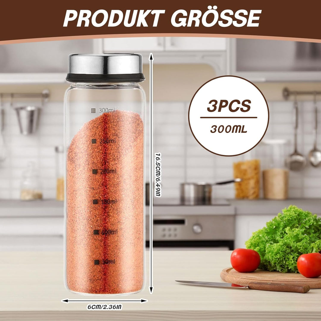 3 Stück Gewürzgläser mit Drehdeckel - 300ml Salzstreuermit 4 Gewürzlöchern, Streuer Gewürze Gewürz G