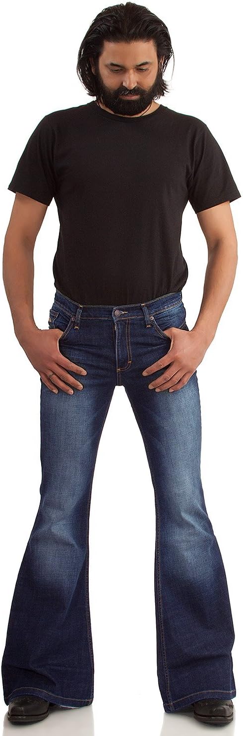 Comycom 70er Herren Blue Jeans dunkelblau Used - Jeans-Schlaghose für Männer, dunkle Vintage Bootcut