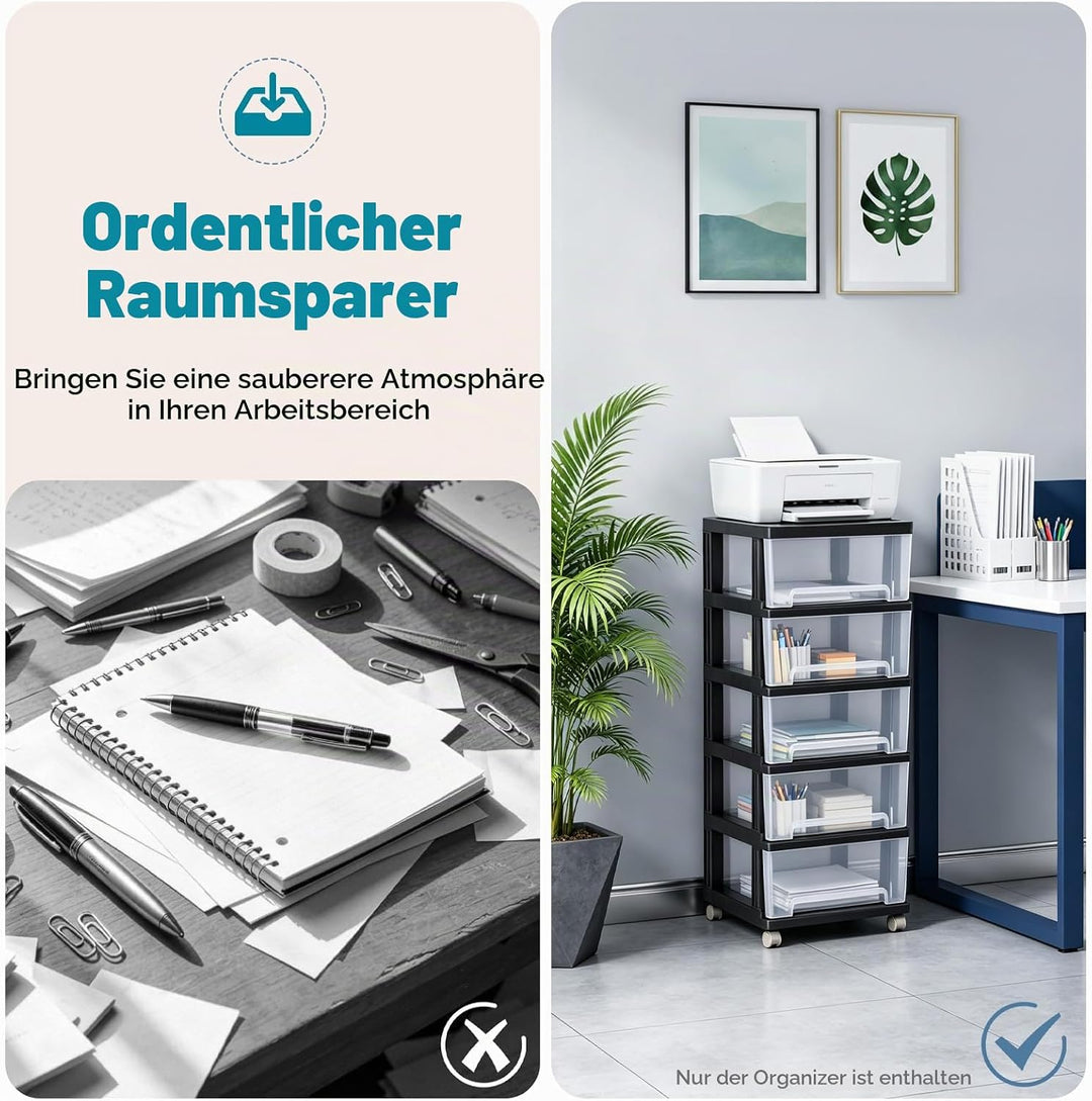 Kunststoff-Schubladenschrank mit 5 Schubladen, Rollbarer Büro-Organisationsschrank/Sortiervorrichtun