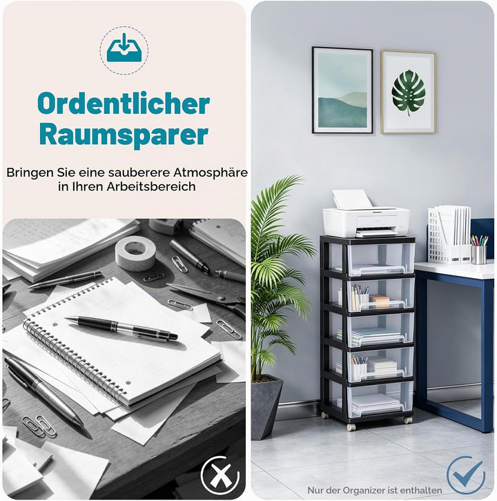 5 Schubladen Organizer 40x33x98cm, Aufbewahrungsbox, Schubladenschrank mit 4 Rädern, Aufbewahrungssc