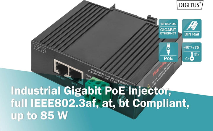 DIGITUS Industrial Gigabit PoE Injector full IEEE802.3af at bt Compliant up to 85 W 1 Gbps