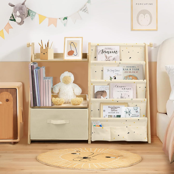 Bücherregal Kinder Kinderzimmer Spielzeug Aufbewahrung mit 4 Regalebenen & Aufbewahrungsbox, Kinderr