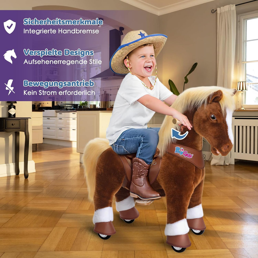 PonyCycle Simulation Pferd Spielzeug für Kinder 4–7 Jahre, Braun Reitspielzeug mit Räder, Modell Y H