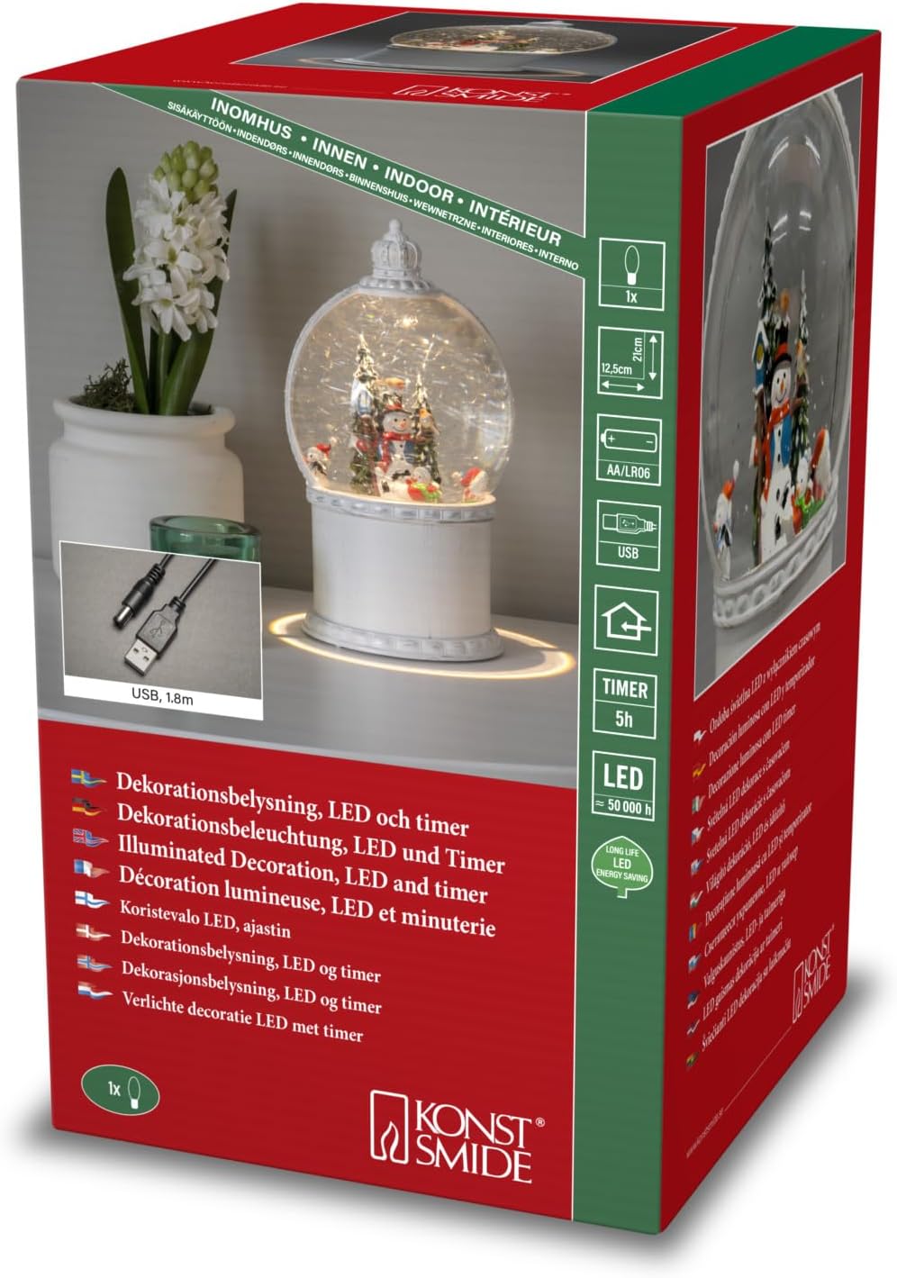 Konstsmide LED Kugellaterne, Schneemann mit Baum", weiss, wassergefüllt, wählbare Energiefunktion, m