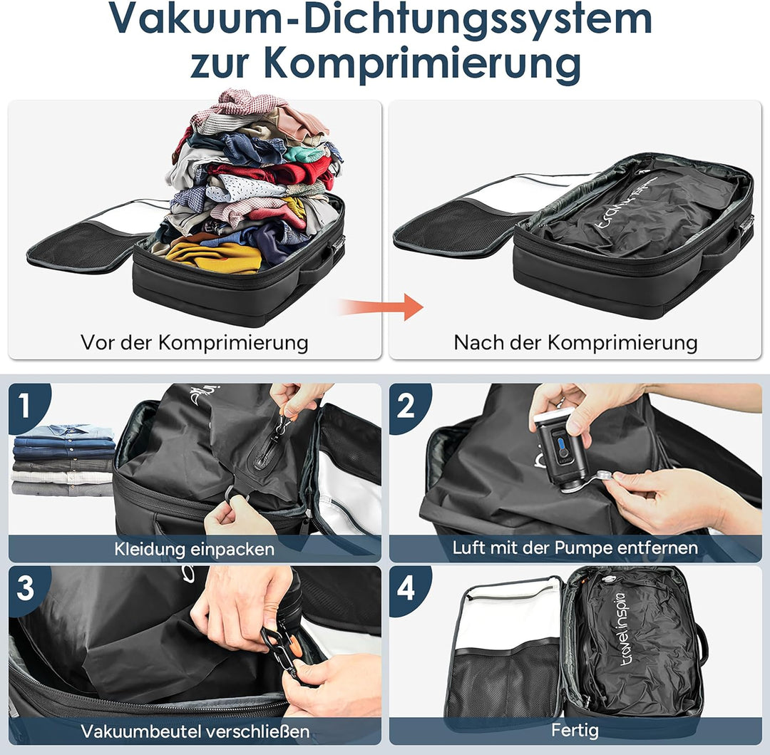 travel inspira Vakuum Rucksack mit TSA-Schloss 65L Rucksack 17.3 Zoll Laptopfach Flugzeug Handgepäck