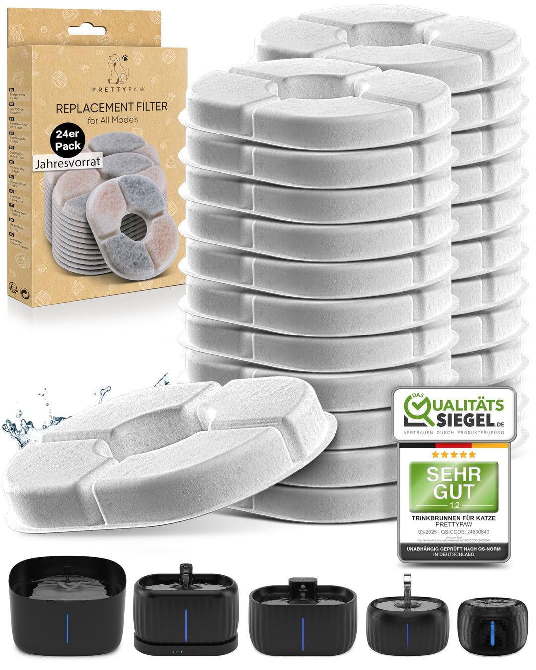 Pretty Paw® Filter für Katzenbrunnen – Original Ersatzfilter für alle Pretty Paw Trinkbrunnen | 24er