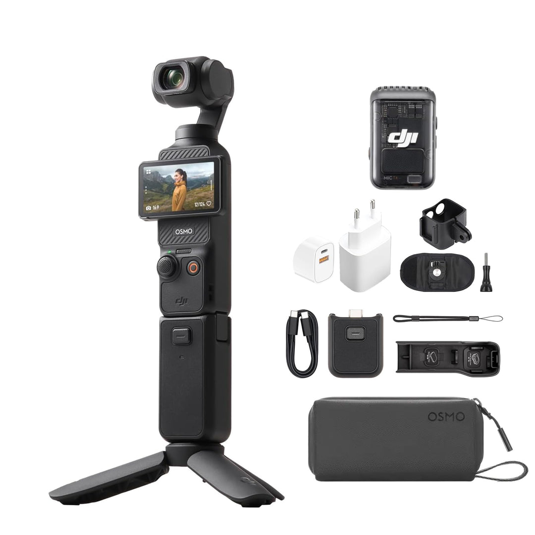 DJI Osmo Pocket 3 Kreativ Combo mit Rucksackhalterung Clip + Ladestecker, vlog Kamera 4K mit 1-Zoll-