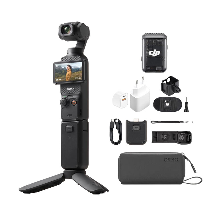DJI Osmo Pocket 3 Kreativ Combo mit Rucksackhalterung Clip + Ladestecker, vlog Kamera 4K mit 1-Zoll-