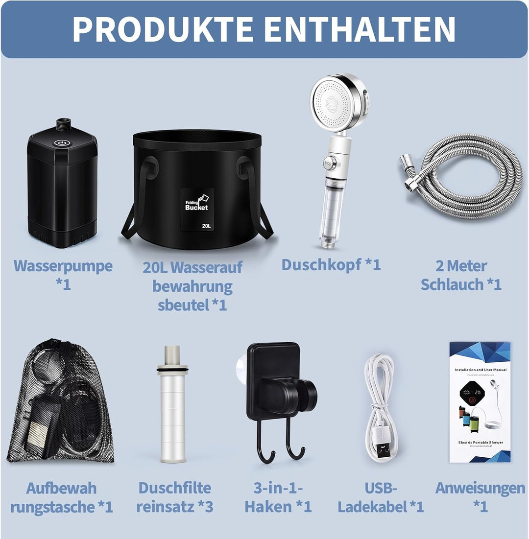 YOOHBERRYS Filterbar Tragbare Campingdusche, 6000 mAh Camping Dusche Outdoor Mobile Dusche mit Tempe