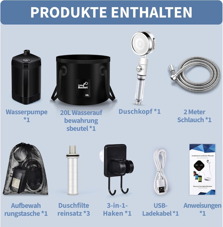 YOOHBERRYS Filterbar Tragbare Campingdusche, 6000 mAh Camping Dusche Outdoor Mobile Dusche mit Tempe