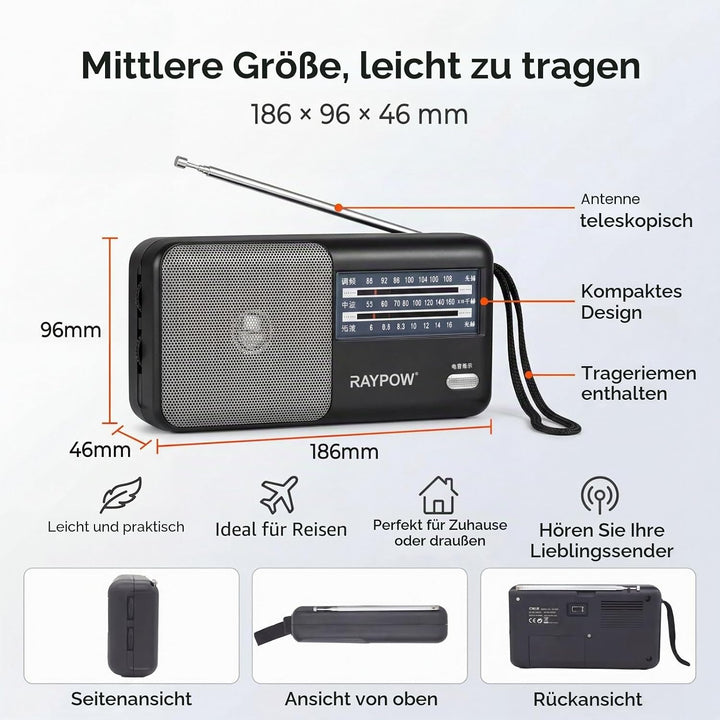 Tragbares Radio, 3-Band-FM/AM/SW8~SW18 Transistorradio, tragbare Tasche, funktioniert mit 2 AA-Batte