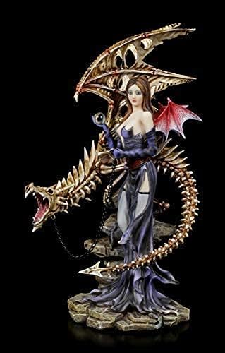 Figuren Shop GmbH Fantasy Dark Angel Figur - Larua mit Skelett Drache | Gothic Deko-Figur, handbemal