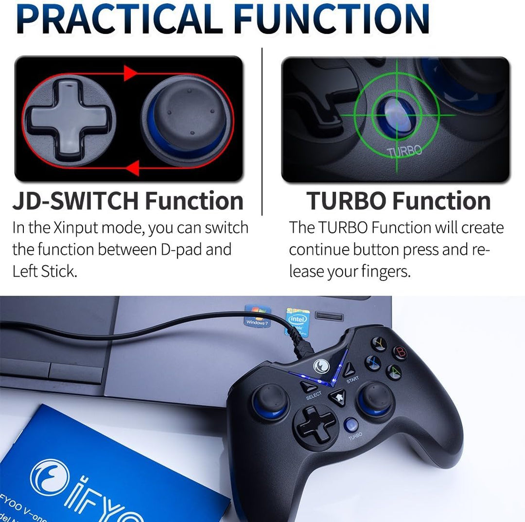 V-ONE Videospiel-Controller mit USB-Kabel für PC (Windows XP/7/8/10), Playstation 3 und Android blau