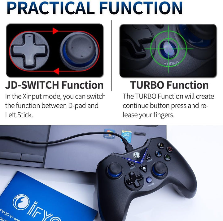 V-ONE Videospiel-Controller mit USB-Kabel für PC (Windows XP/7/8/10), Playstation 3 und Android blau