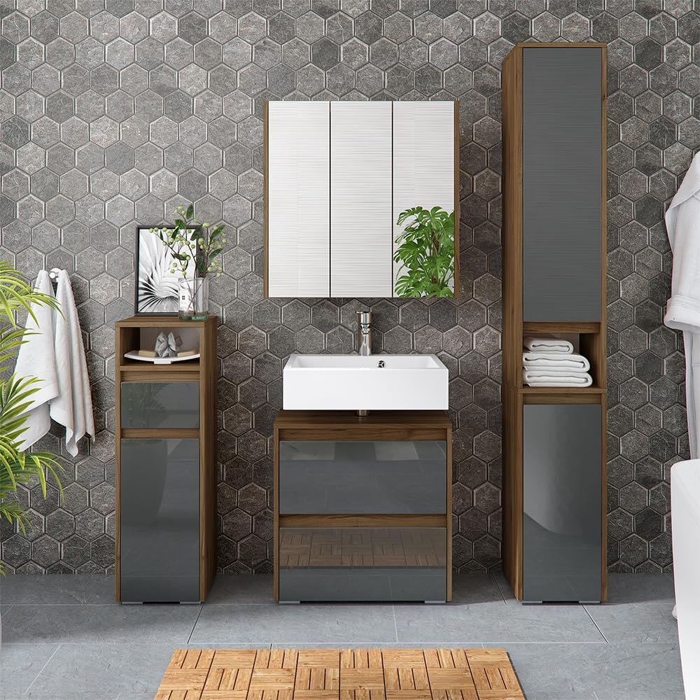 Vicco Midischrank Majest, Anthrazit Hochglanz/Nussbaum, 30 x 96 cm Anthrazit Hochglanz Midischrank,