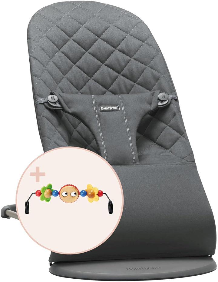 BabyBjörn Babywippe Bliss, Gewebt, Klassische Steppung, Anthrazitgrau mit Spielzeug für Babywippe, F