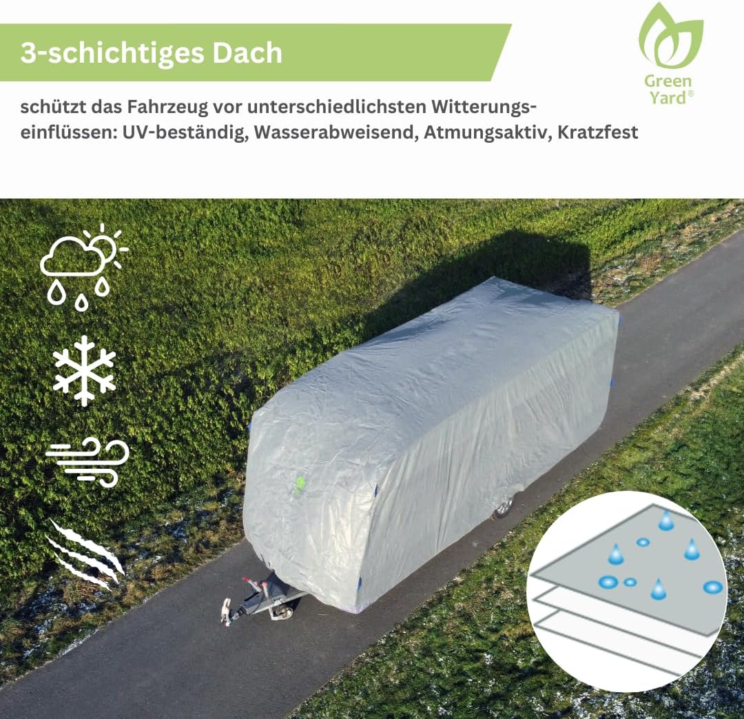 GreenYard® Wohnwagen Abdeckplane mit Reflektorstreifen | Grösse XXL 730 x 250 x 220 cm | Camping Sch