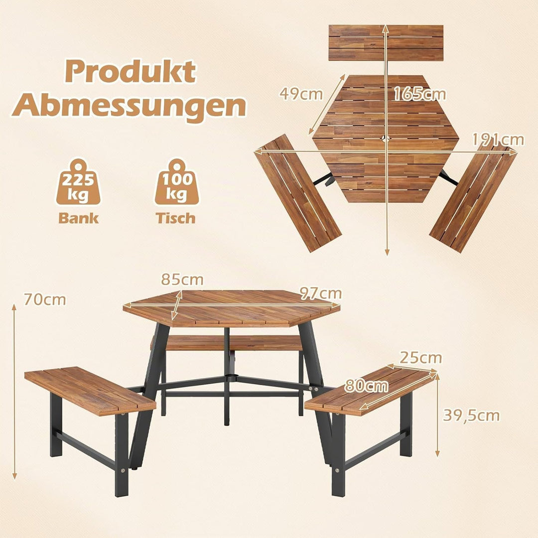 COSTWAY Picknicktisch Set für 6 Personen, Gartentisch aus Akazienholz mit Schirmloch &amp; 3 Bänken, Ter