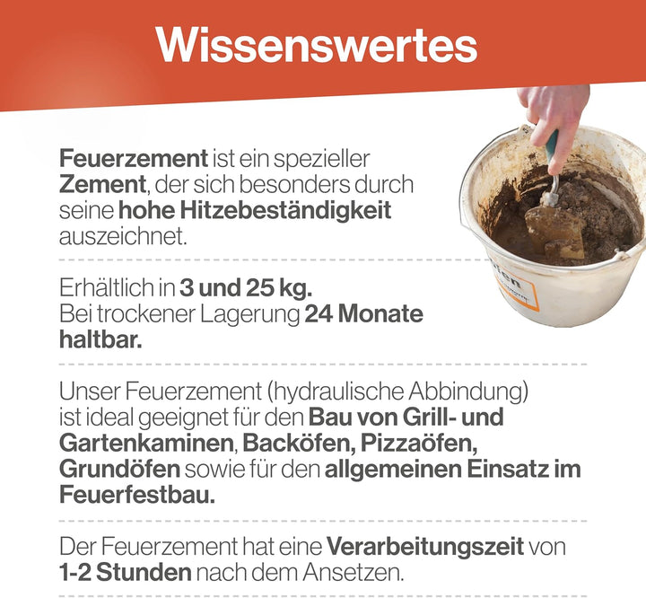 Feuerfest 123 - Feuerzement [Menge 25 kg] - Für Kaminöfen, Öfen &amp; Grills - Feuerfester Zement 1.400