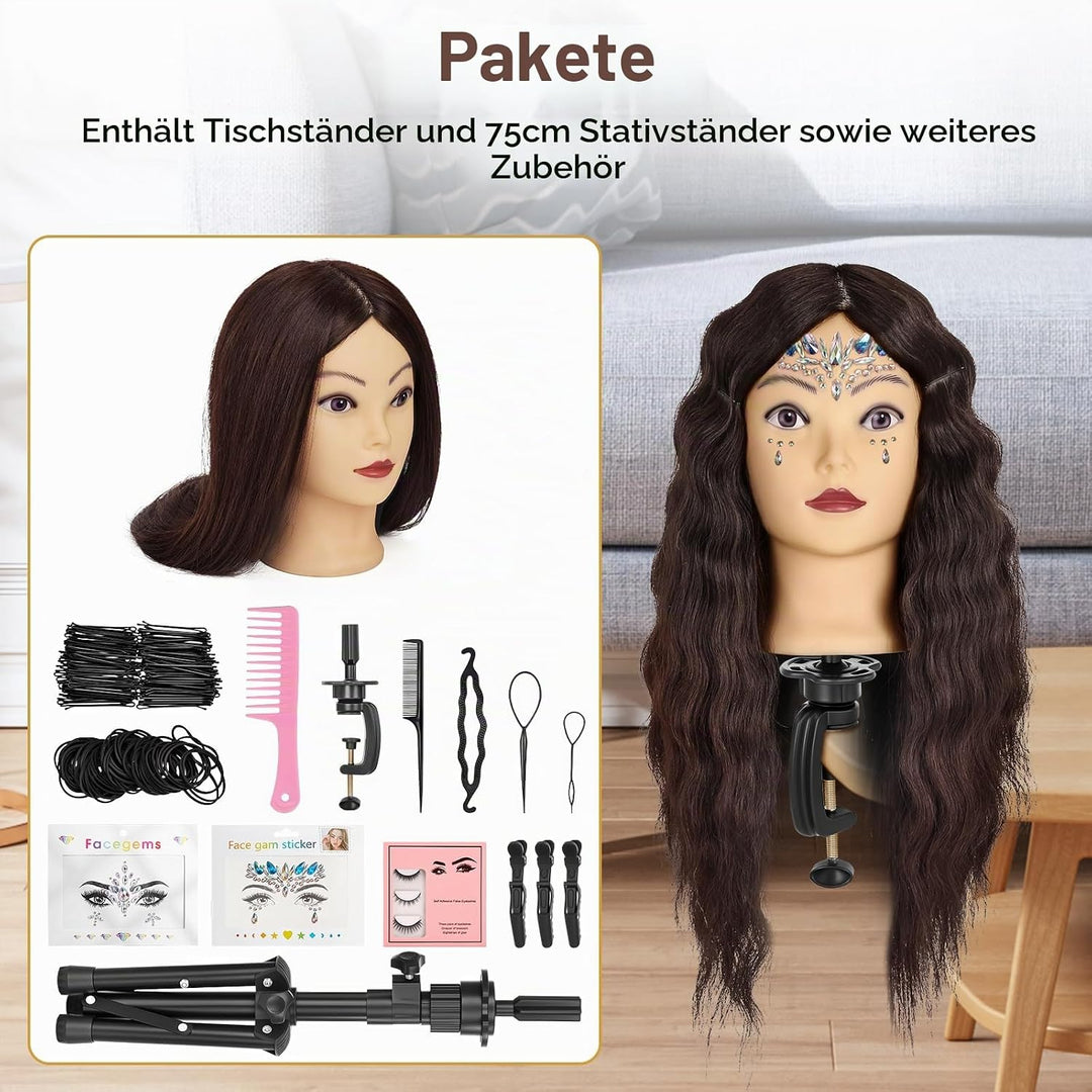 ekavo Friseurkopf mit Stativ, Trainingsköpfe mit 90% Echthaar 58CM, Schaufensterpuppe zum Frisieren,