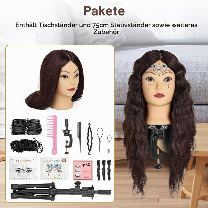 ekavo Friseurkopf mit Stativ, Trainingsköpfe mit 90% Echthaar 58CM, Schaufensterpuppe zum Frisieren,
