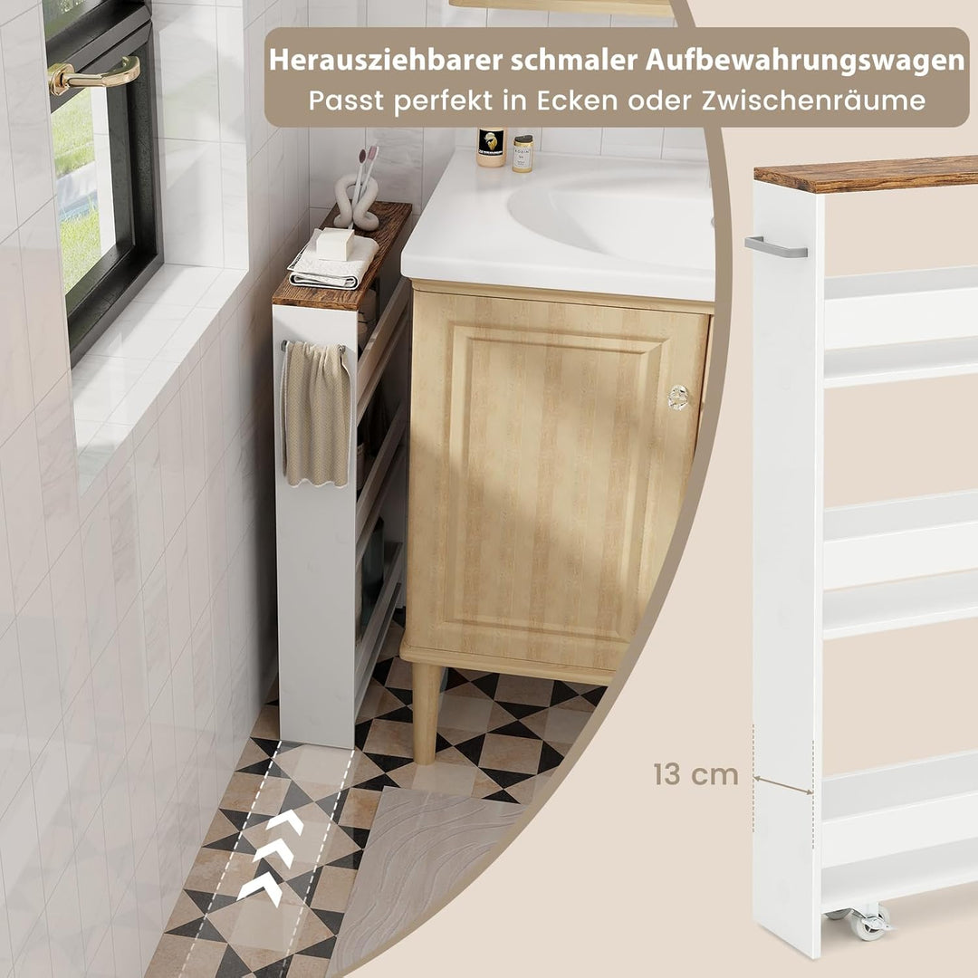 COSTWAY Nischenwagen 13cm breit, 4 Etagen Küchenwagen schmal, Nischenregal auf Rollen, Servierwagen