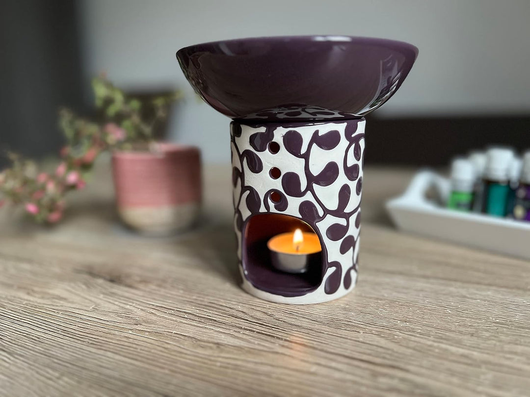 Duftlampe Liane Aubergine, grosse, abnehmbare Schale, Fair Trade, Aromalampe aus Keramik
