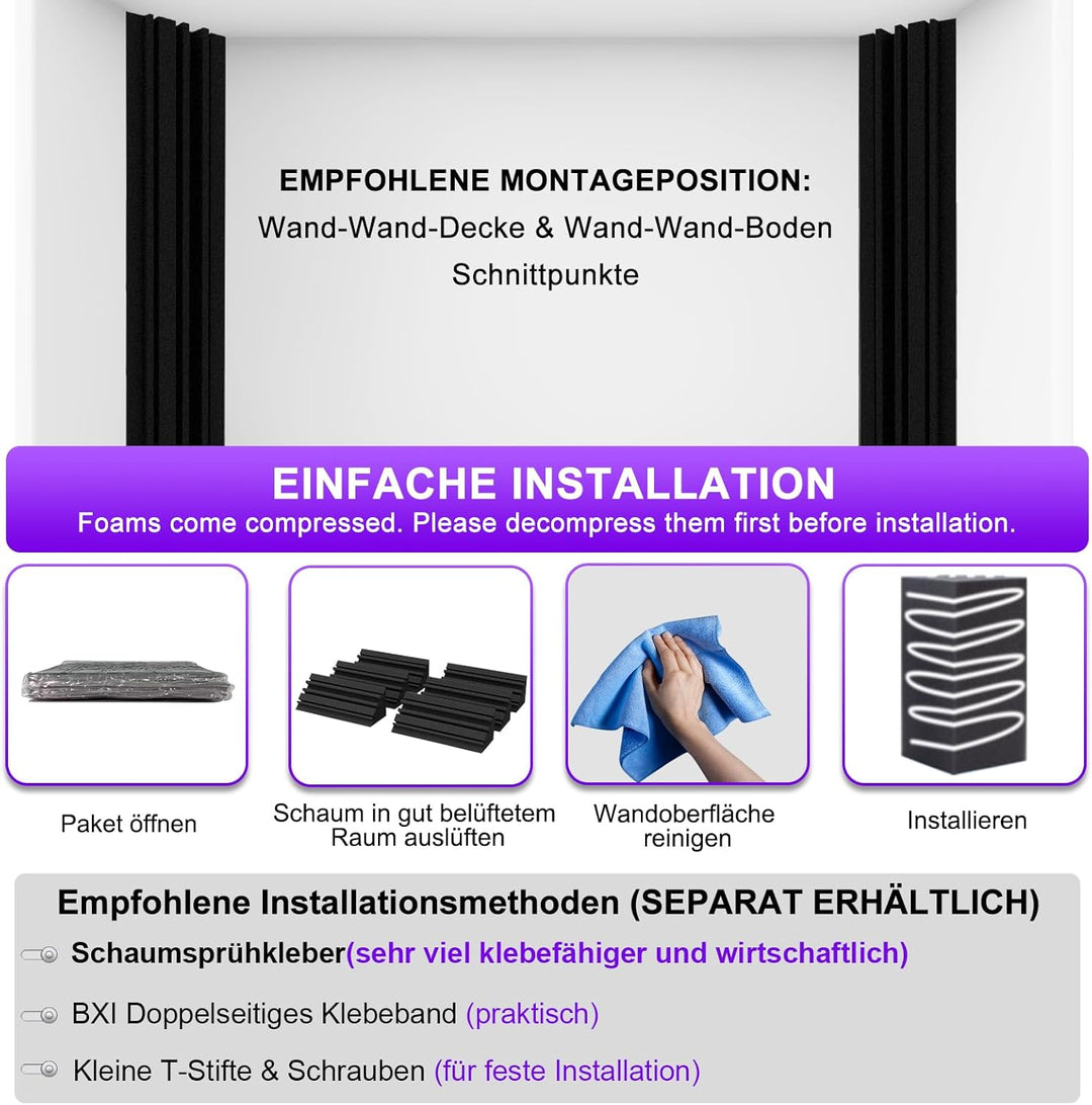 BXI Bass Traps - 12 Stück 10 X 10 X 30 cm Dichter Studio Bass-Schaumstoff Eckabsorber, Akustische Be