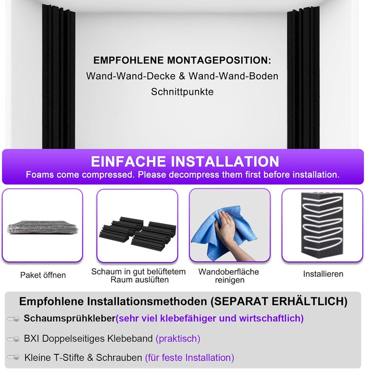 BXI Bass Traps - 12 Stück 10 X 10 X 30 cm Dichter Studio Bass-Schaumstoff Eckabsorber, Akustische Be