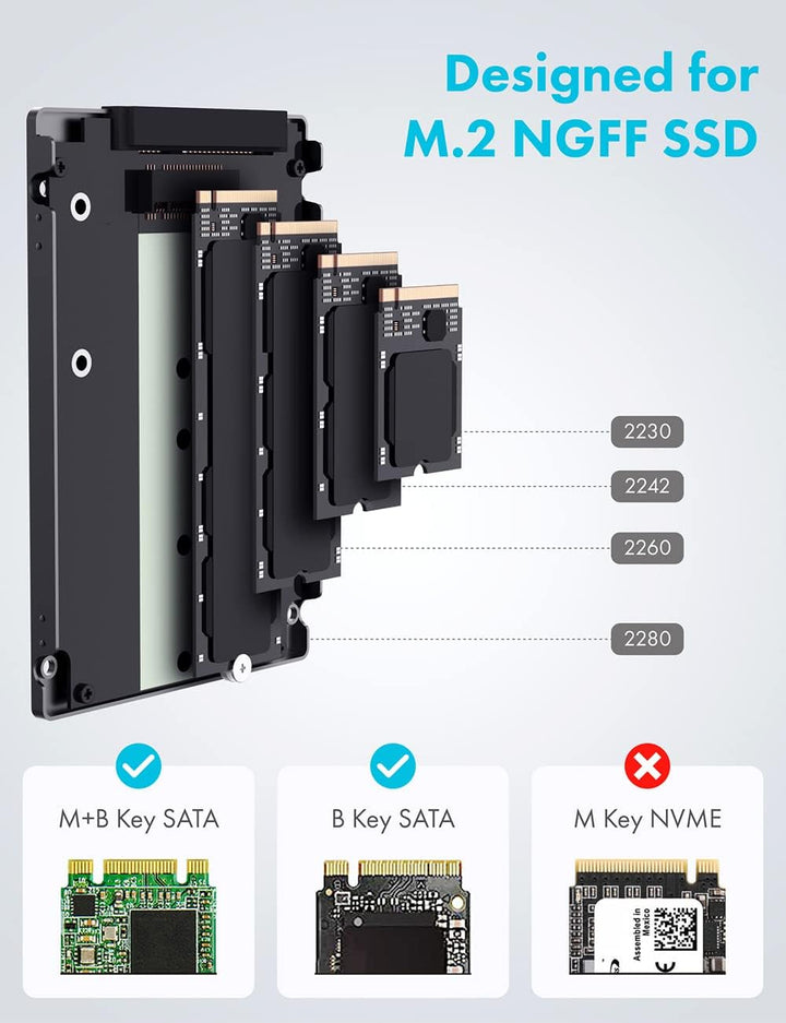 GRAUGEAR Aluminium M.2-SATA SSD Konverter, für B-Key M.2 NGFF zu 2,5” SATA, 2,5“ Bauform, 7 mm Einba