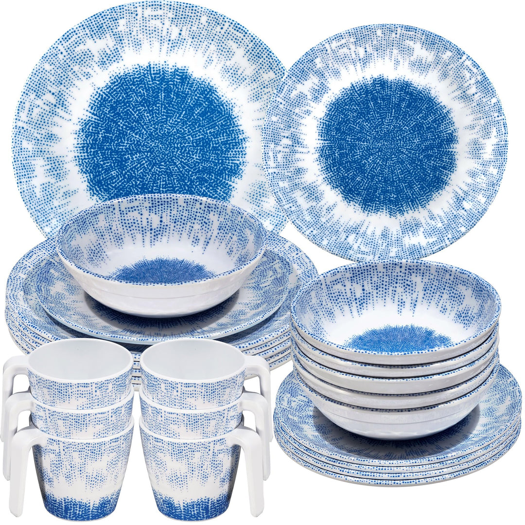 Melamin Geschirr Set Wish Flower Blau 6 Personen Wohnwagen Camping Picknick 24 Teile - mit Tassen, 2