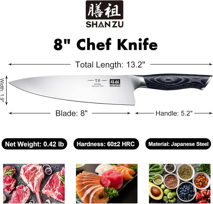 SHAN ZU Kochmesser Küchemesser 20CM Extra Scharfe Profi Messer aus Hochwertigem Carbon Edelstahl Che
