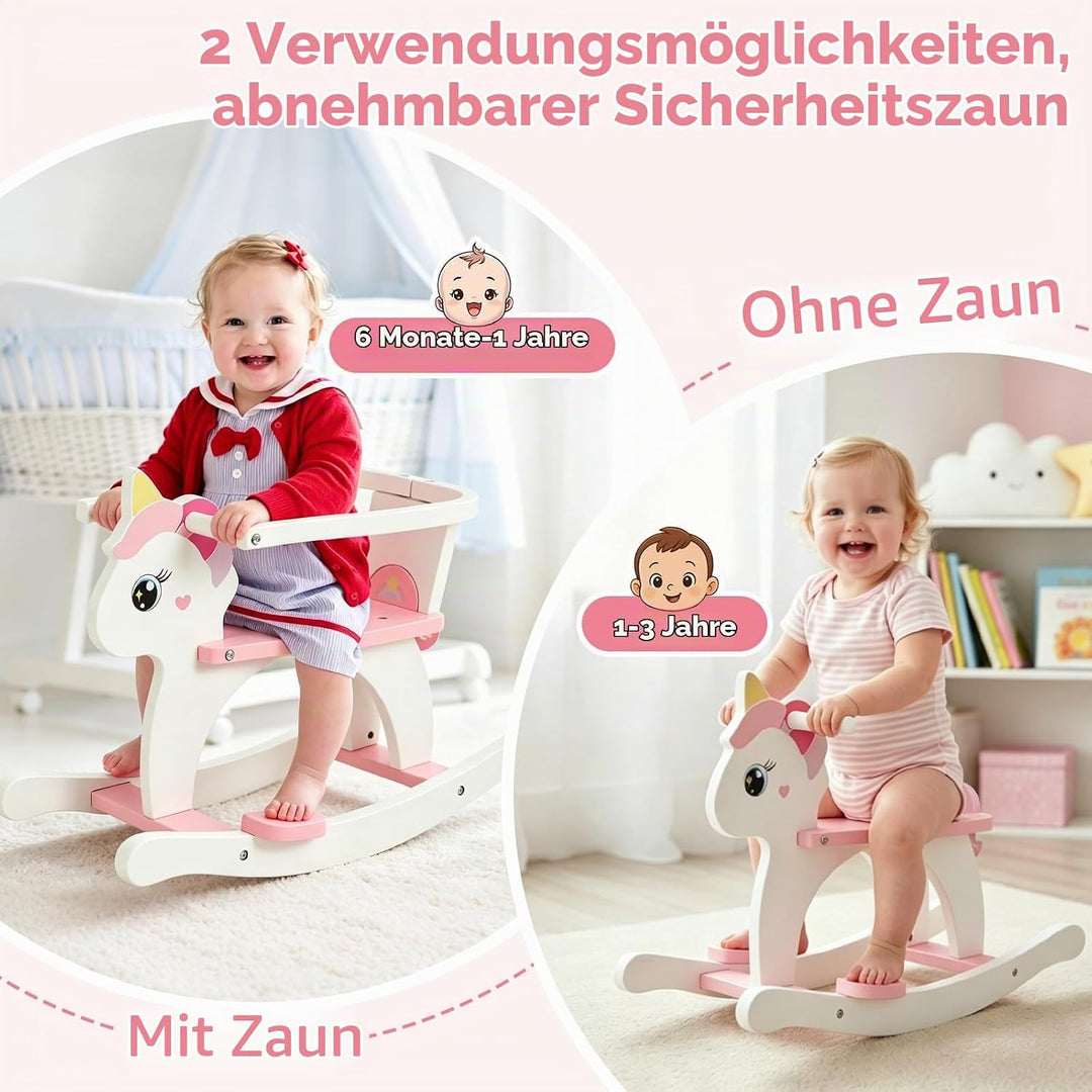 FUNLIO Holz-Einhorn-Schaukelpferd für Kinder 0,5–3 Jahre, süsses Kleinkind-Schaukelpferd mit abnehmb