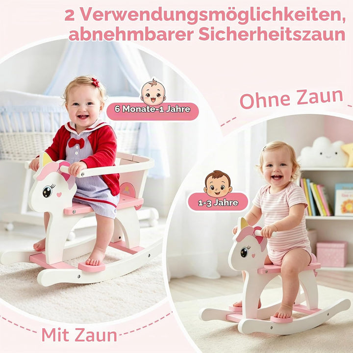 FUNLIO Holz-Einhorn-Schaukelpferd für Kinder 0,5–3 Jahre, süsses Kleinkind-Schaukelpferd mit abnehmb
