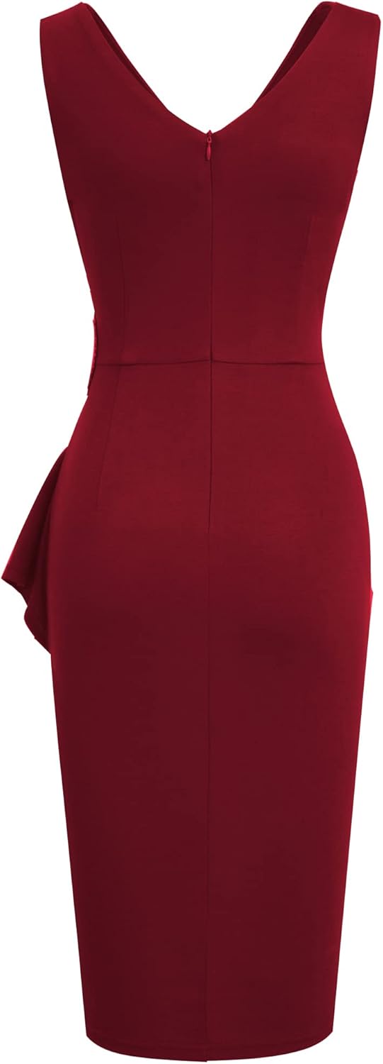 HOMEYEE Damen V-Ausschnitt Ärmellos Rüschen Peplum Bodycon Cocktail Bleistiftkleid B706 M Burgund, M