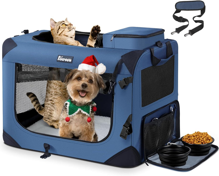 Reerooh Hundebox M 60x42x42cm, Faltbar Hundetransportbox Inkl.Hundenapf, Tragbare Hundetasche für Re