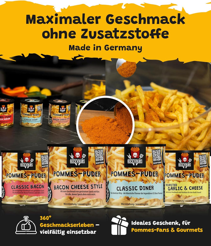 Rock'n'Rubs® Pommes-Puder 4er Set Classic Bacon, Bacon Cheese, Roasted Garlic & Cheese – Würzmischun