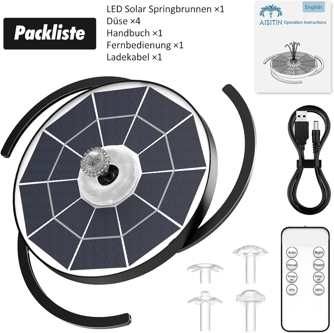 AISITIN 6.5W LED Solar Springbrunnen für Aussen mit Fernbedienung, Solar Schwimmender Fontäne Pumpe