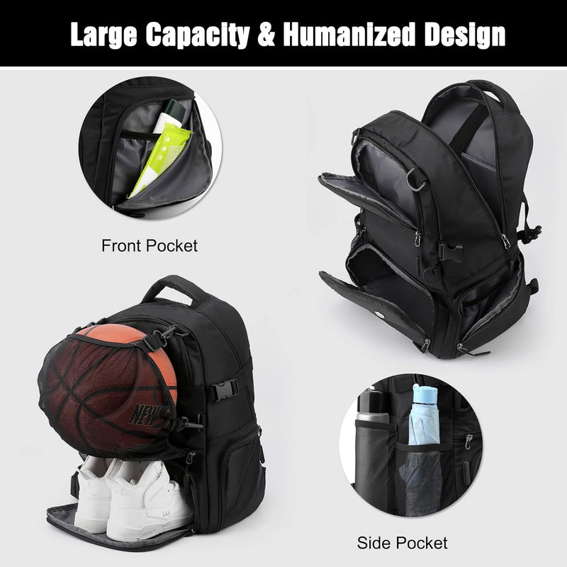 FANDARE Basketball Rucksack Fussball-Rucksack mit Ballfach & Schuhfach Schulrucksack mit 15.6 Zoll L